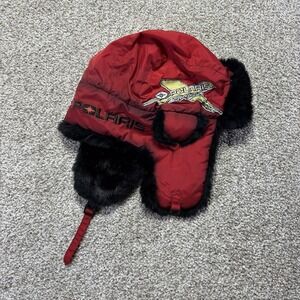 Polaris Trapper Hat Mens XL Red Rabbit Fur Lined Nylon Snowmobile‎ Ski Winter